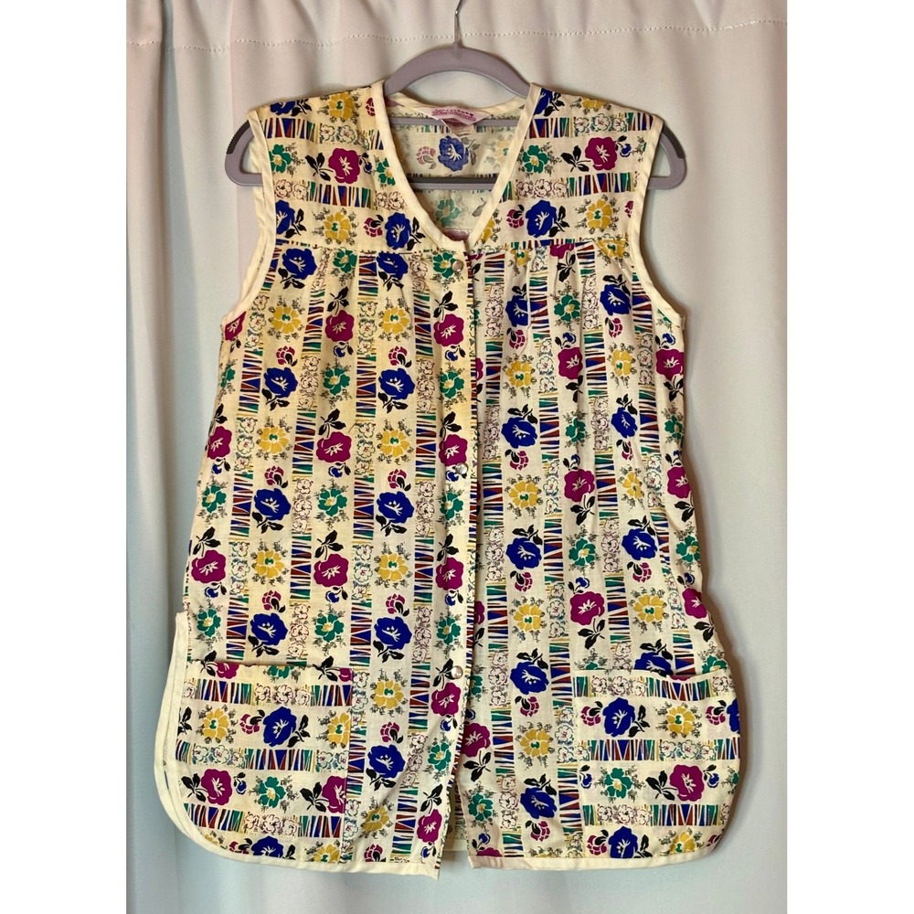 Vintage Dreamcoats Floral Geometric Snap Front Smock House Vest Medium 12 14